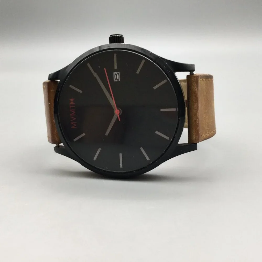 MVMT Classic Watch Men 45mm Black Date Brown Leather Band New Battery